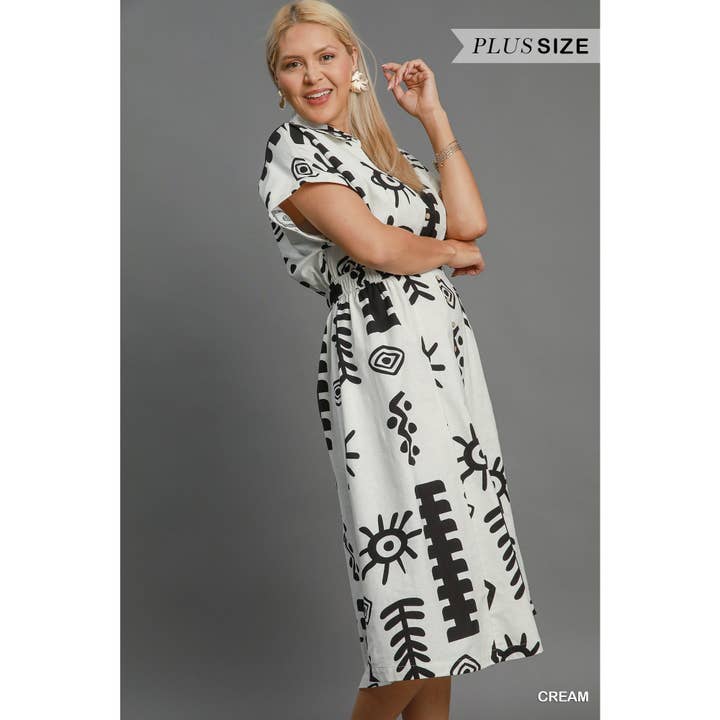 BNS - Wholesale Dress - Women's - PLUS Abstract Print Elastic Waist Midi Dress