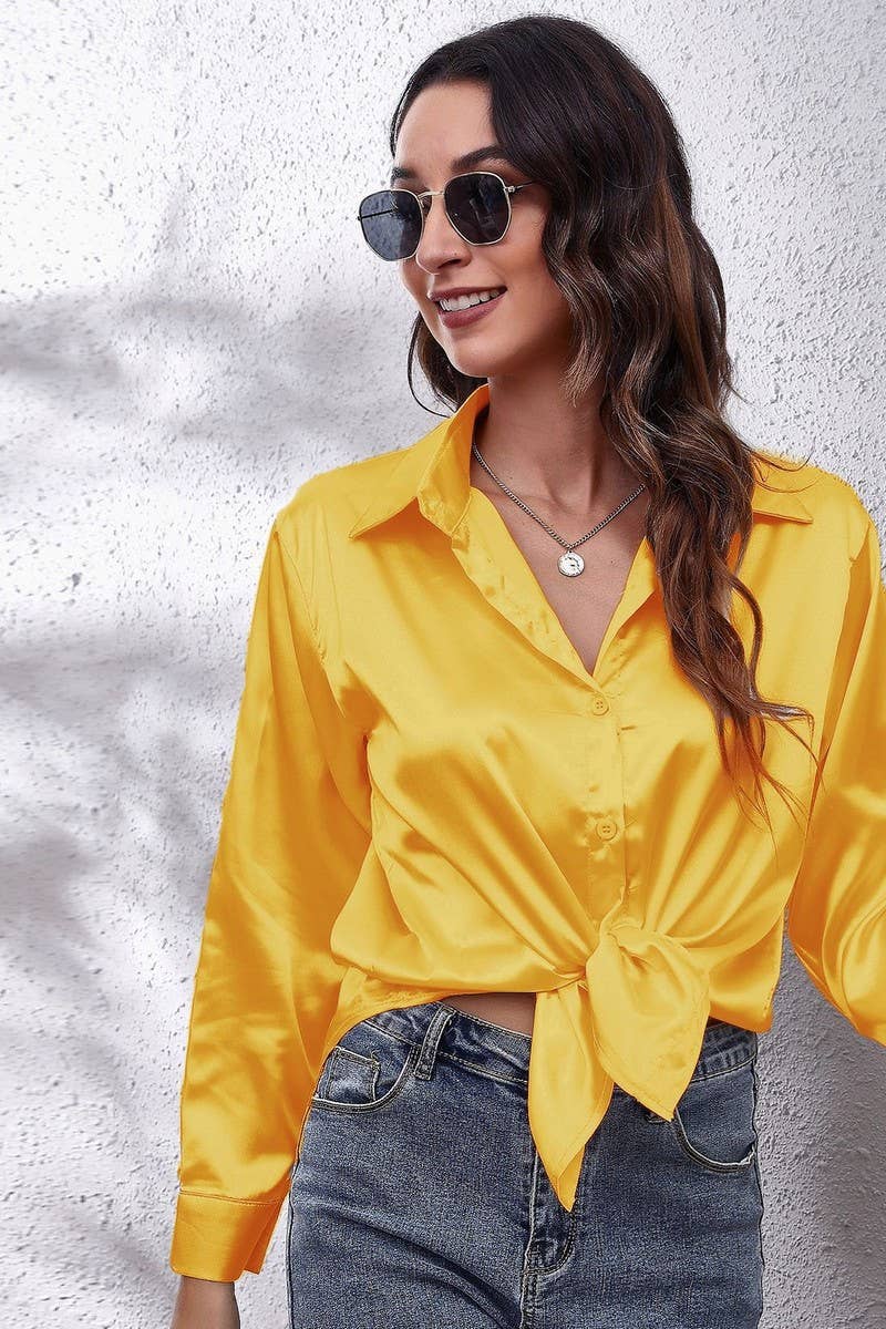 NINEXIS - Wholesale Button Down Shirt - Women's - CWTBLL0691_Button Down Silky Satin Long Sleeve Top49