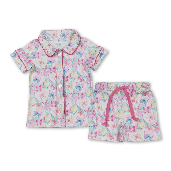 Short sleeves colorful butterfly kids girls button down pajamas for wholesale by Yawoo Garments
