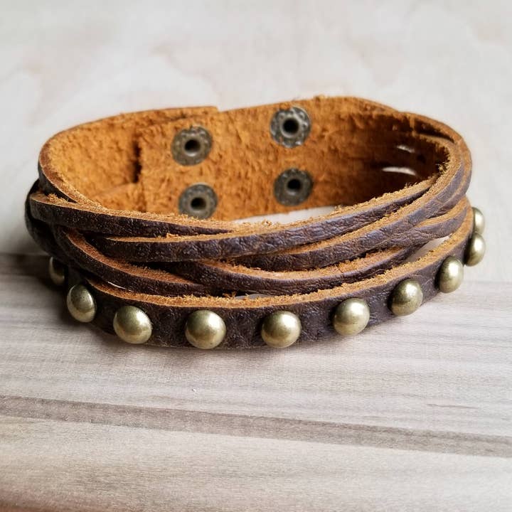 The Jewelry Junkie - Wholesale Cuff Bracelet - Multi-Strand Leather Cuff with Antique Gold Studs 007s1