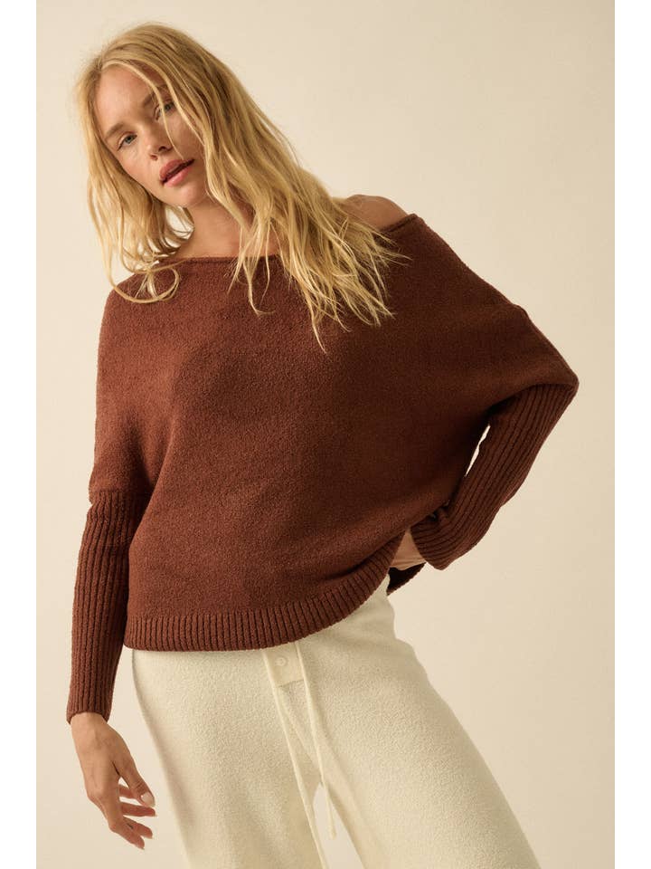 Promesa USA - Wholesale Knit Sweater - Women's - Textured Knit One-Shoulder Boatneck Dolman Sweater6