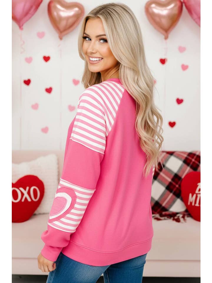 Strawberry Pink Valentine Heart Shape Striped Patched Long Sleeve Loose Top for wholesale on Faire1
