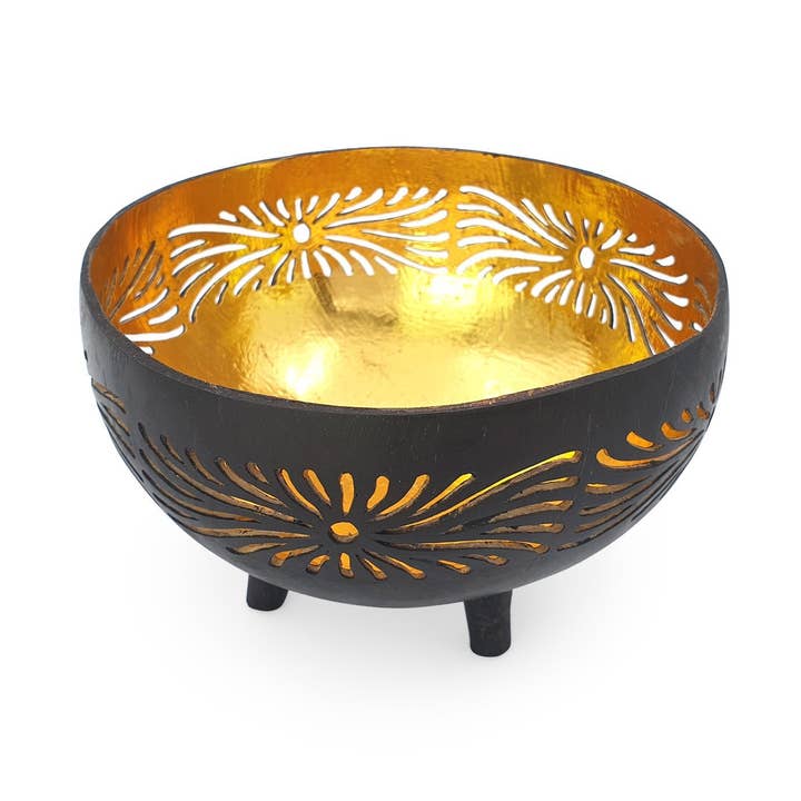 Coconut Candle Stand Gold Carved for wholesale by FERN