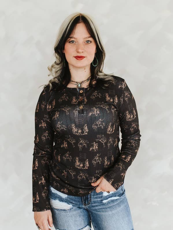 Plus Black Western Printed Button Down Long Sleeve Shirt for wholesale by LUCKY & BLESSED