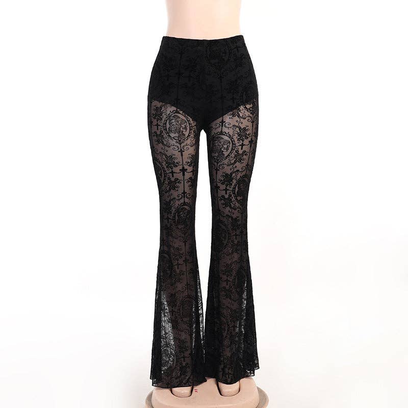 Black Women Fashion Gothic Lace Splicing Perspective High Waist Slim Fit Pants for wholesale on Faire0