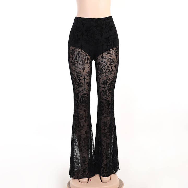 Black Women Fashion Gothic Lace Splicing Perspective High Waist Slim Fit Pants for wholesale on Faire