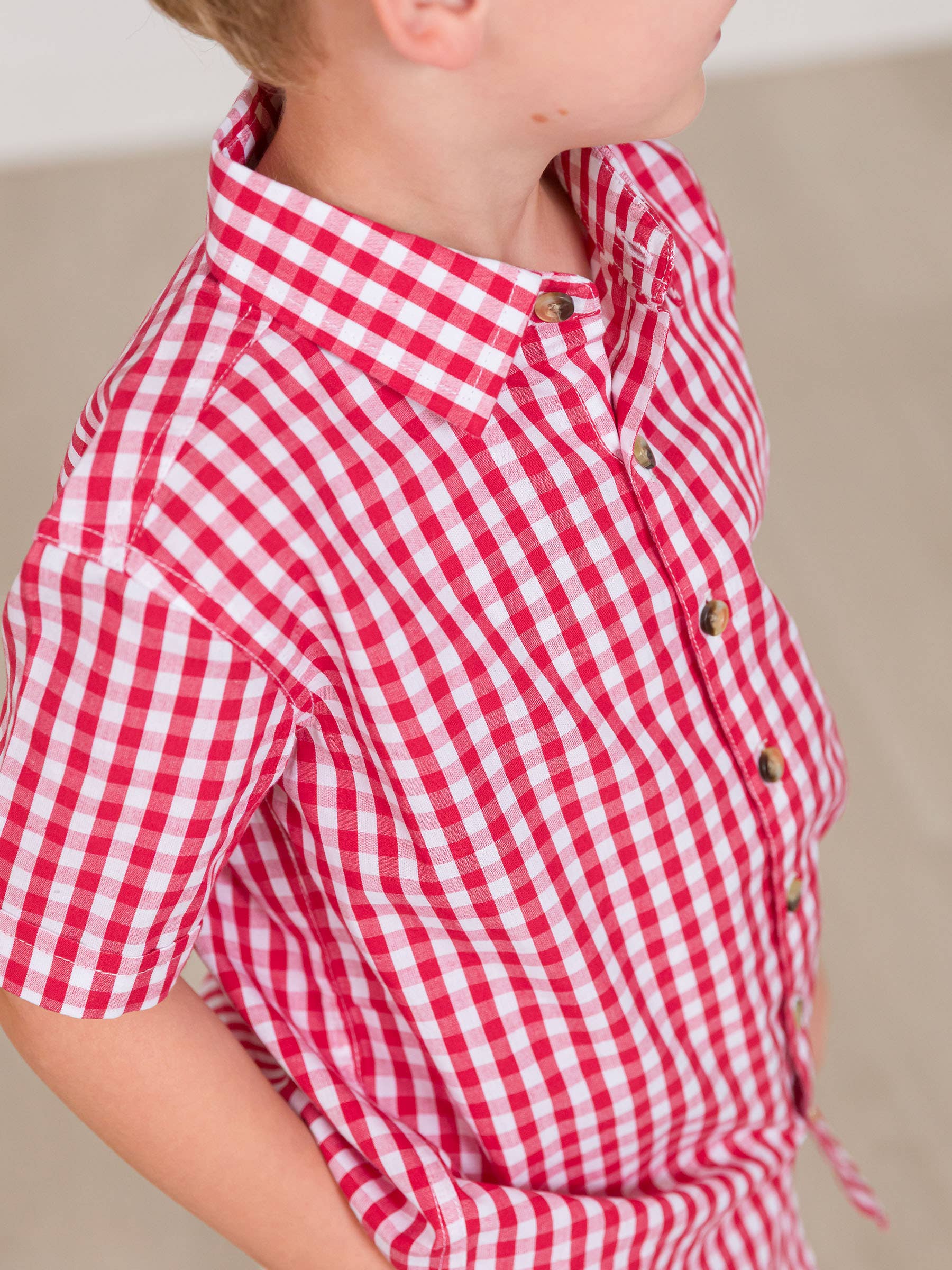 Boys Classic Red Gingham Short Sleeve Button Down Shirt for wholesale on Faire3