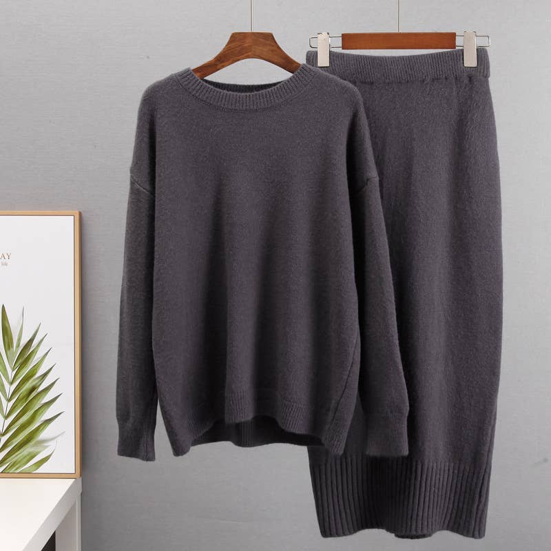 Rosa Clothing - Wholesale Top & Skirt Set - Women's - Cozy Cardigan/R-Neck Sweater High-Waisted Skirt Knit Set3