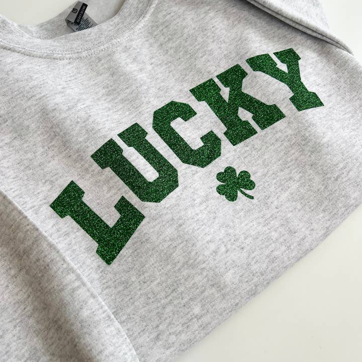 Light Gray Glitter Varsity Lucky St. Patricks Day Sweatshirt for wholesale on Faire1