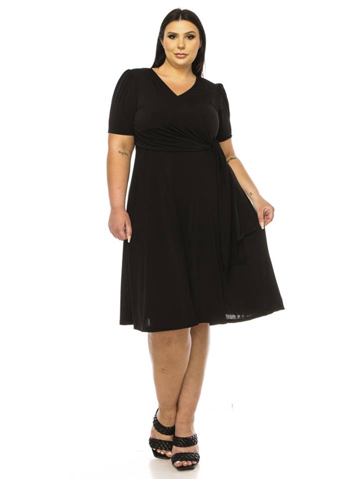 MOA COLLECTION - Wholesale Dress - Women's - Women's Plus Solid Faux Wrap Dress with Deep V-Neck