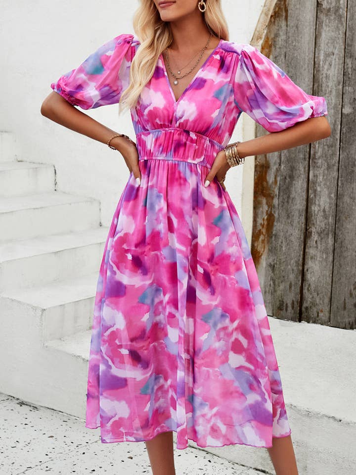 Wholesalesir - Wholesale Dress - Women's - Elegant printed waist V-neck long Dress