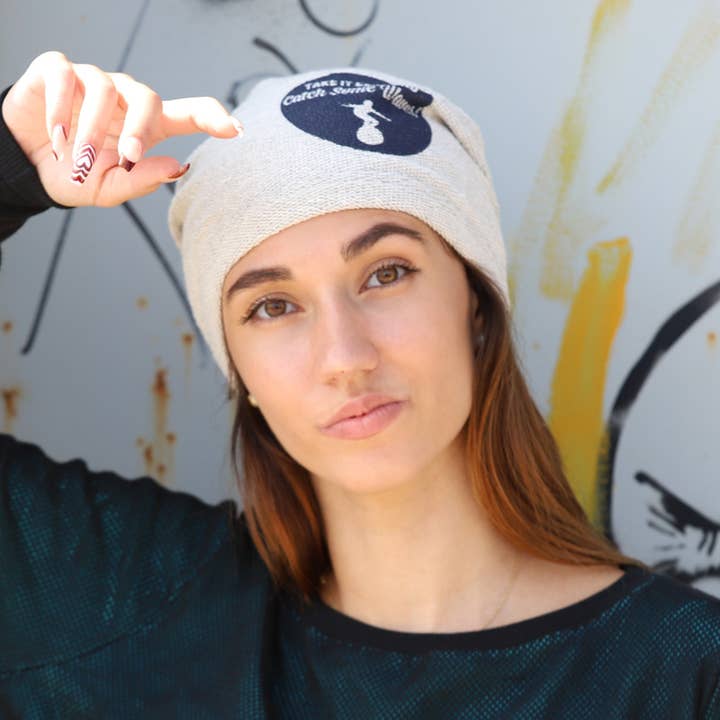 414 Surf theme print Beanie Hat, Reverse Cotton Sweatshirt for wholesale by Purple Sardine