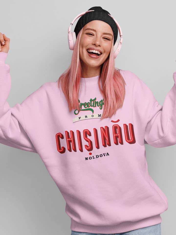 “Greetings from Chișinău” Fleece French Terry oversized retro logo crew neck sweatshirt for wholesale by CarryMeSoftly
