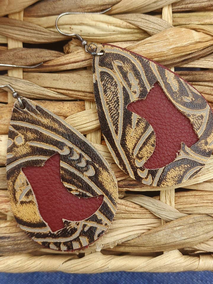 Brown Tooled Leather Western Boot Teardrop Earrings for wholesale by FL Girl Designs