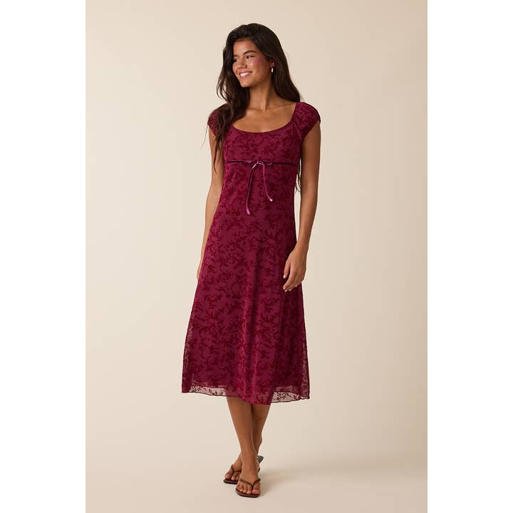 BURNOUT VELVET CAP SLEEVE LAYERED MIDI DRESS for wholesale by Sky to Moon