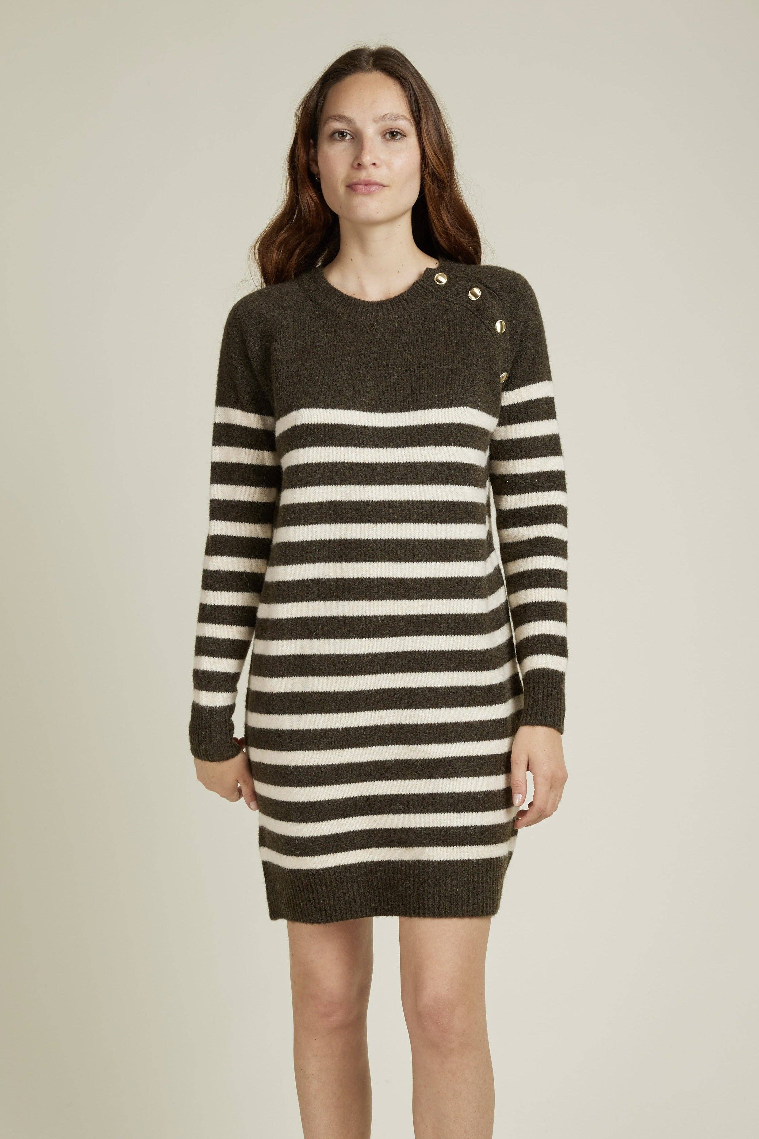 Andy & Lucy - Wholesale Dress - Women's - ARLENE - Mid-length sweater dress with stripes and gold buttons0