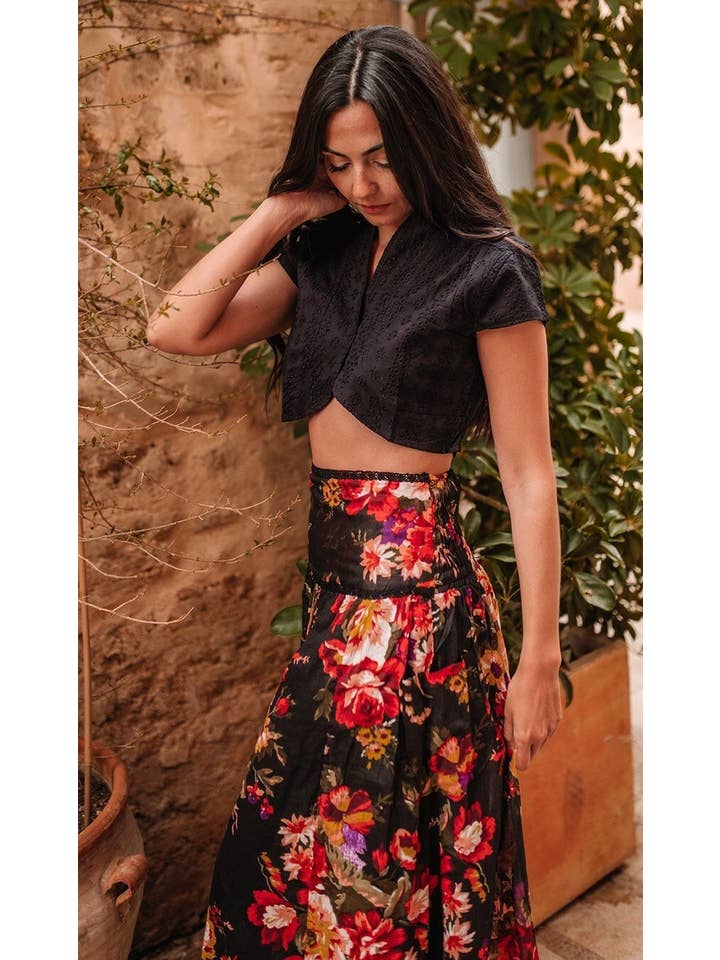 Miss Kitsch - Wholesale Skirt - Women's - Marcelle black floral cotton summer midi skirt, Style1