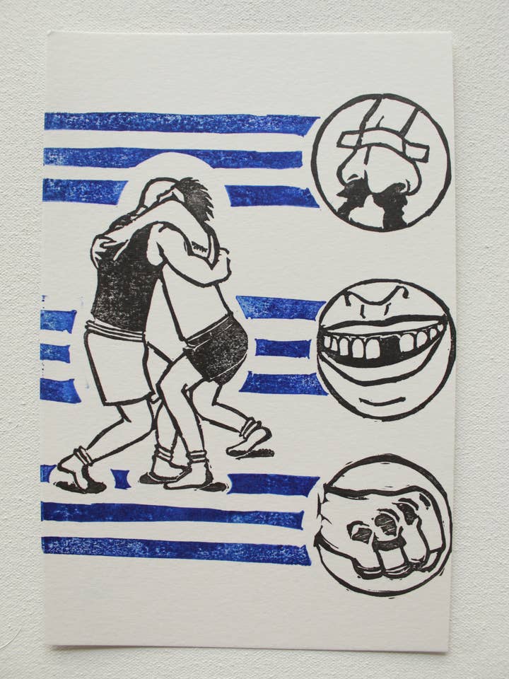 Wrestling Fighting 6x9inch Linocut Blocktryck Originalkonst för wholesale av Lying Dog Press