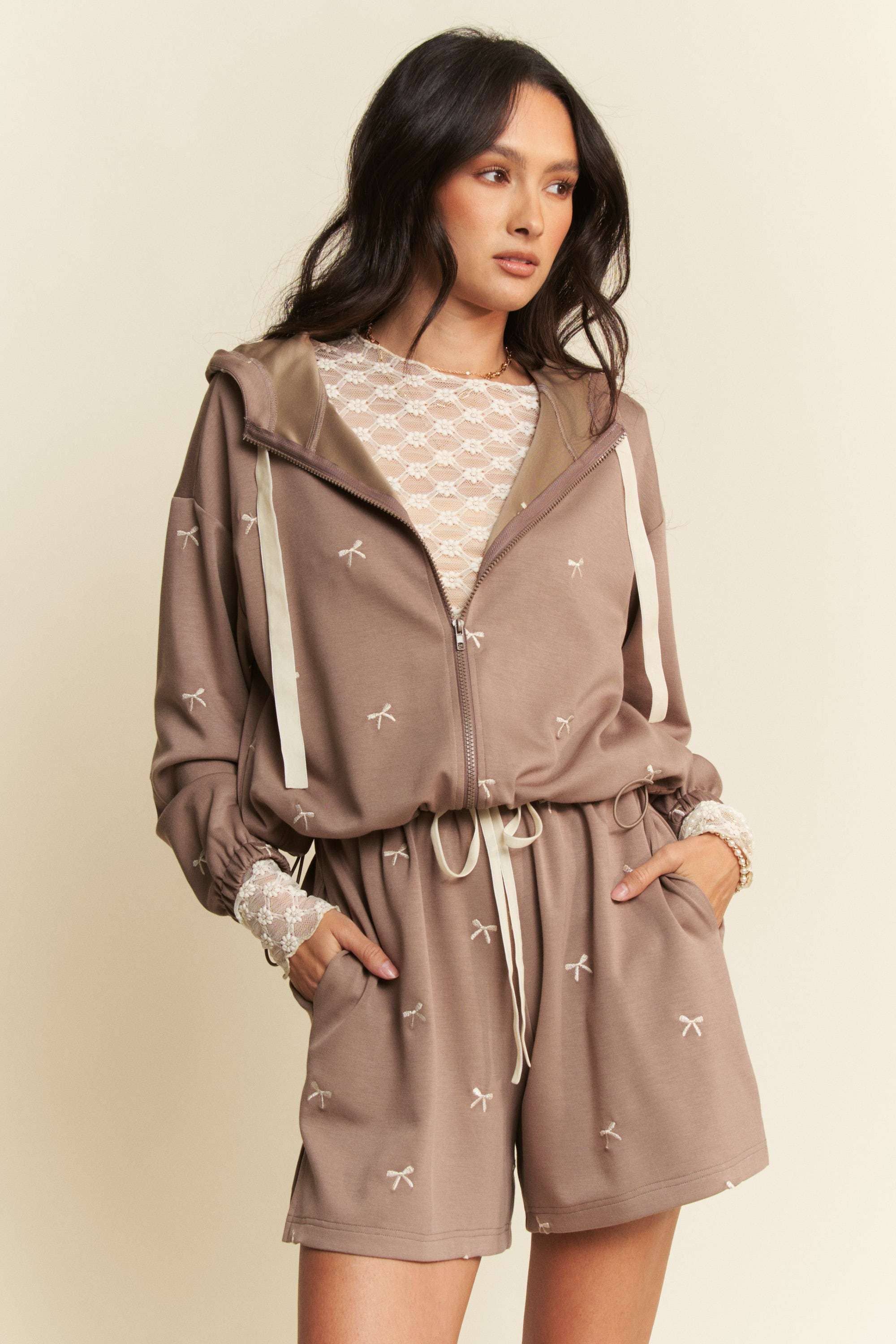 Davi & Dani - Wholesale Hoodie - Women's - RIBBON EMBROIDERY ZIP UP LONG SLEEVE HOODIE JACKET14