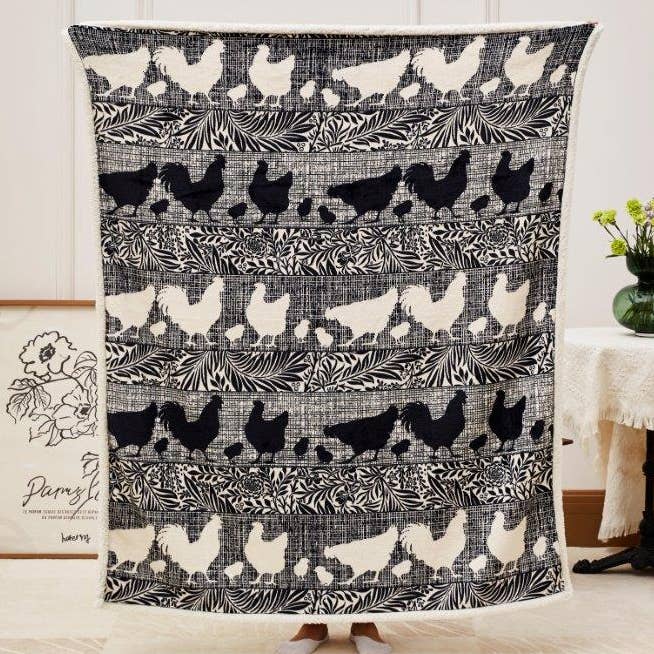 Duke Imports - Wholesale Throw Blanket - "Cottage Chickens" Flannel Sherpa Throw Blanket 50"x60"0