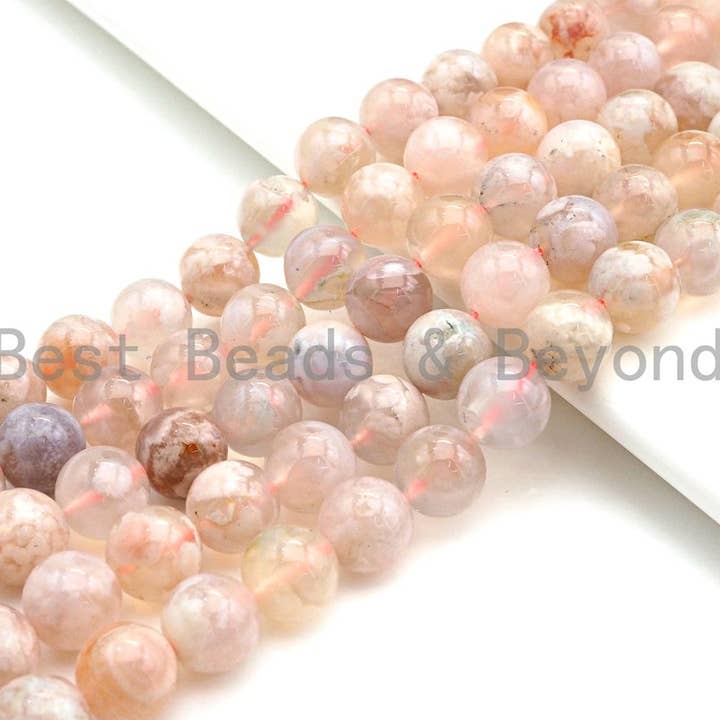 Perles d'agate de fleurs de cerisier de haute qualité, perles rondes d'agate fleur rose naturelle de 8 mm/10 mm, 16" brin complet, sku #UA56 pour la vente par BestBeads&Beyond