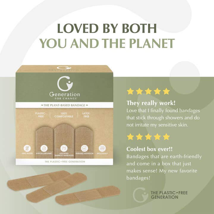Generation For Change - Wholesale Bandaids/Bandages - The Plant-Based Bandage by Generation for Change | 75 Compostable Bamboo Bandages | Variety Pack - Aloe Vera, Activated Charcoal & Natural Bamboo | PFAS Free!