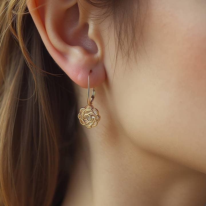 Amy and Annette - Wholesale Dangle Earrings - 14K Gold Caged with crystals Rose Lever Back Earrings6