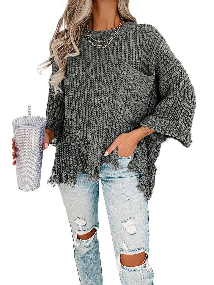 Gray Distressed Pocketed Chunky Pullover Sweater for wholesale on Faire