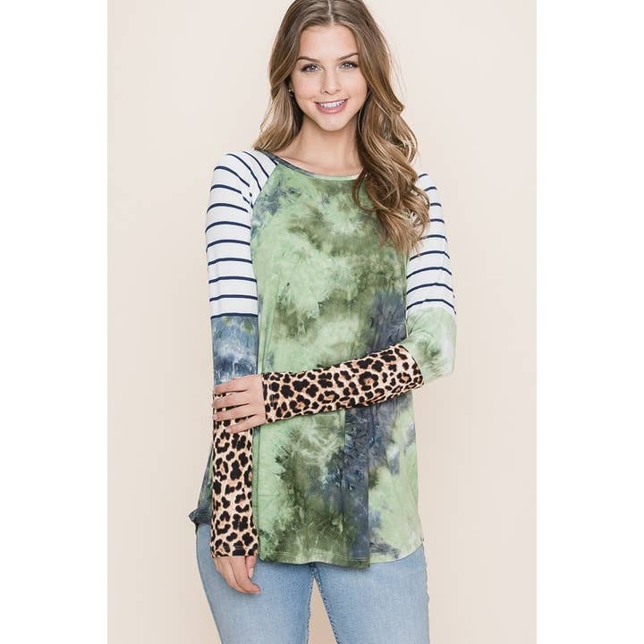 PLUS - TOP TIEDYE DE MANGA COMPRIDA COM CONTRASTE ANIMAL por atacado de Reborn J