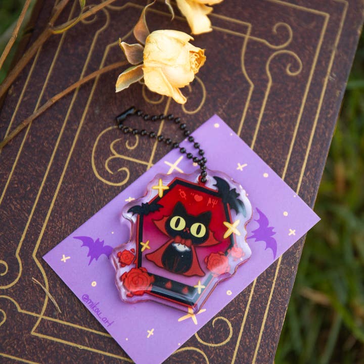 MikouArt - Vendita all'ingrosso Portachiavi - Donna - Portachiavi in resina epossidica acrilica Tamagotchi Gatto Vampiro, ciondolo per telefono, regalo per amanti dei gatti, regalo per lei, arte originale di Mikou3