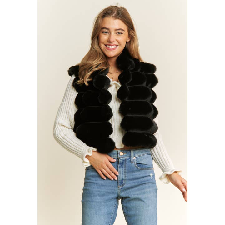 Sweet Generis - Wholesale Jacket - Women's - CROP STRIPE FUR HIGH NECK OPEN FRONT PUFFER VEST1