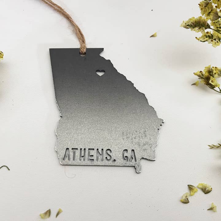 Georgia State heart over "ATHENS" Raw Steel Ornament for wholesale by BE Creations & Designs, Inc.