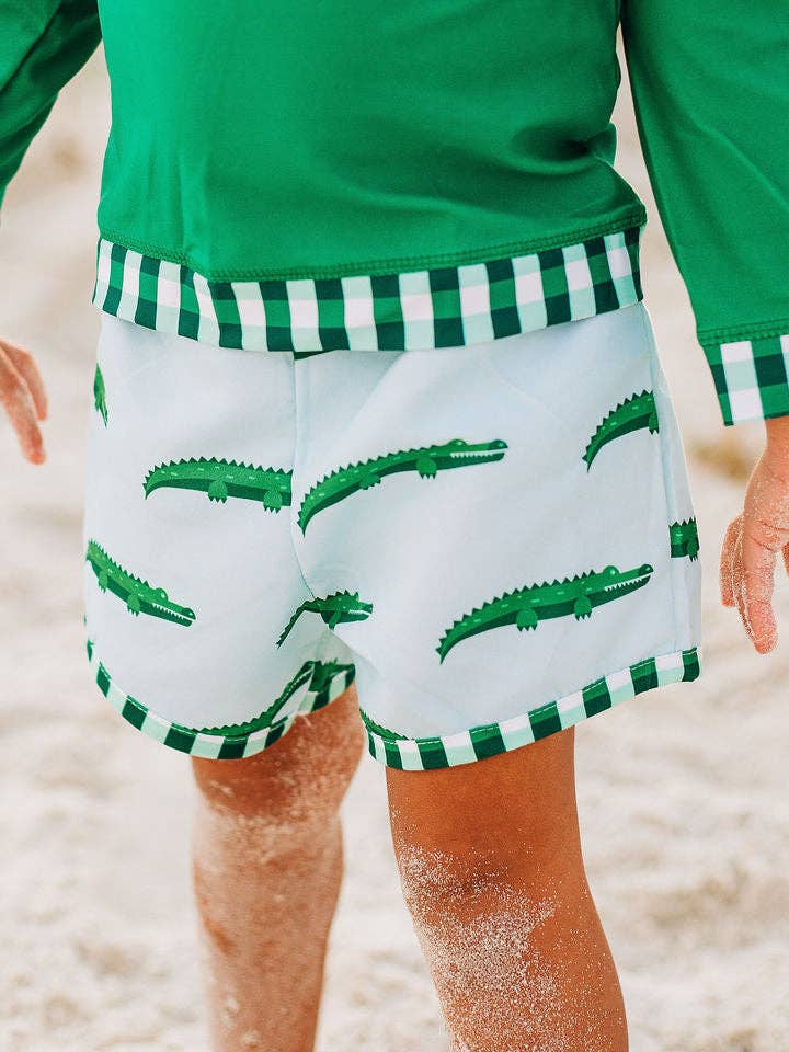 Boys Summer Swim Shorts - Blue Alligator for wholesale by Sugar Bee Clothing
