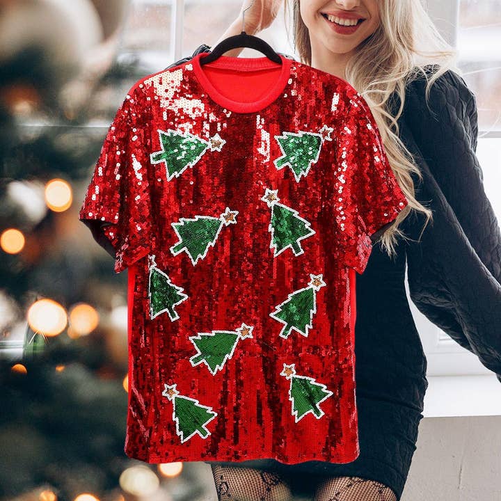 Wona Trading, Inc. - Wholesale T-Shirt - Women's - Christmas Tree Sequin Jersey Top