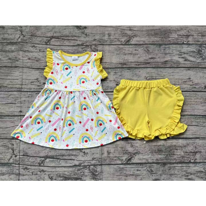 Aier Wholesale - Vente Ensemble haut et short – enfant - Ensemble de vêtements pour filles bébé arc-en-ciel retour à l'école tunique à volants et shorts1