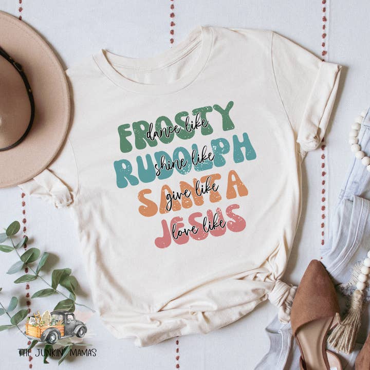 The Junkin’ Mamas - Wholesale Screen Printed T-Shirt - Women's - Frosty Rudolph Santa Jesus Tee