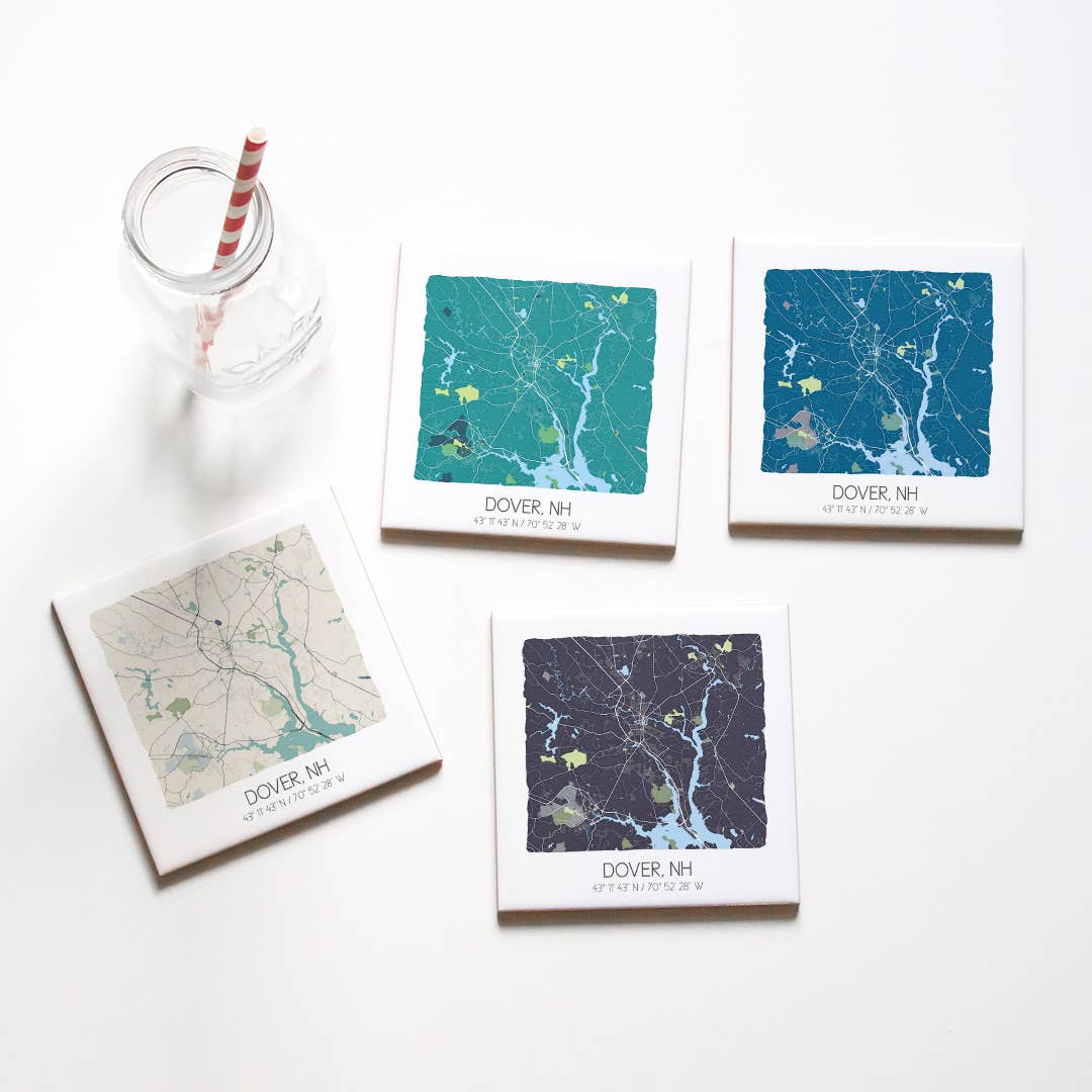 Sparks House Co. - Wholesale Coasters - Dover New Hampshire Map Tile Coasters (Set of 4) - 4 colors4
