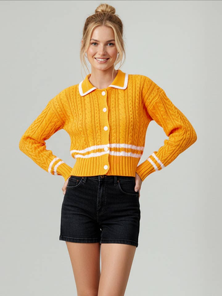 Collar Botton Down Color Block Cable Cardigan for wholesale by Kori America