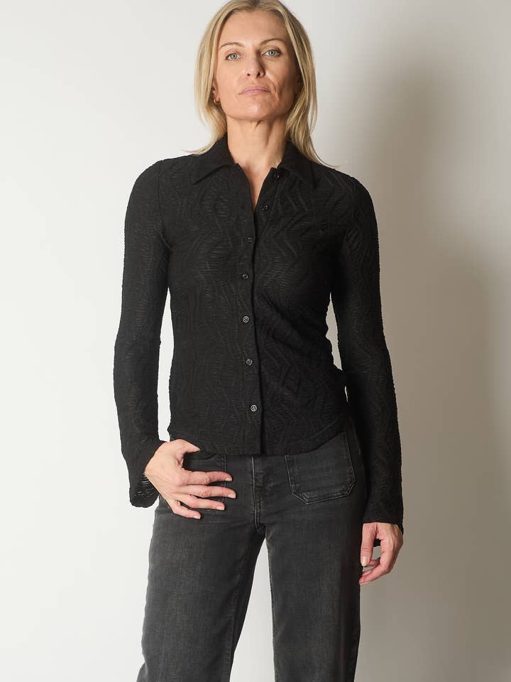 Textured Shirt with Flared Cuffs - Black for wholesale by SOLO