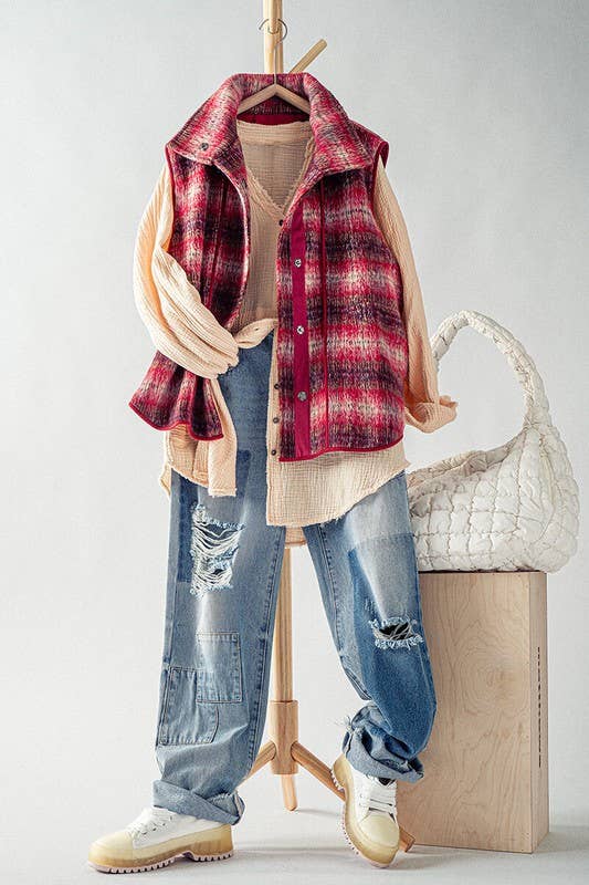 Heyday - Wholesale Outerwear Vest - Women's - VINTAGE PLAID OVERSIZED WOOL VEST15
