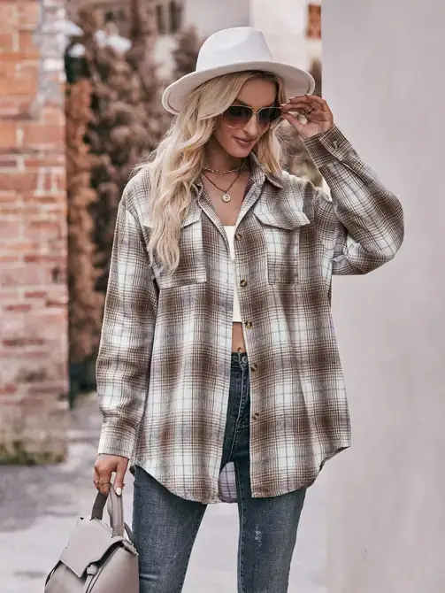 Lovesoft - Wholesale Button Down Shirt - Women's - Coffee Casual Fashion Oversized Loose Plaid Shirt1