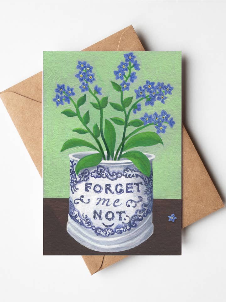 Forget-me-nots in Blue & White Cup Card for wholesale by Susie Hamilton Art