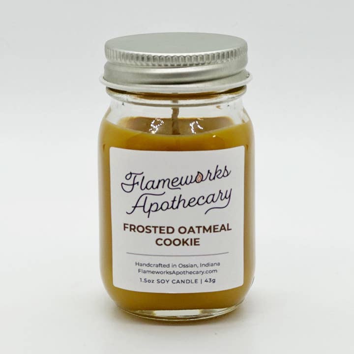 Frosted Oatmeal Cookie 1.5 oz Mini Mason Jar Candle for wholesale by Flameworks Apothecary