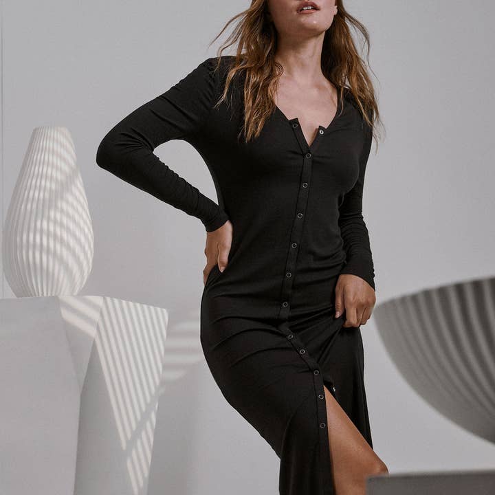 Immersed Black Soft Modal Rib Snap Front Long Sleeve Dress for wholesale on Faire