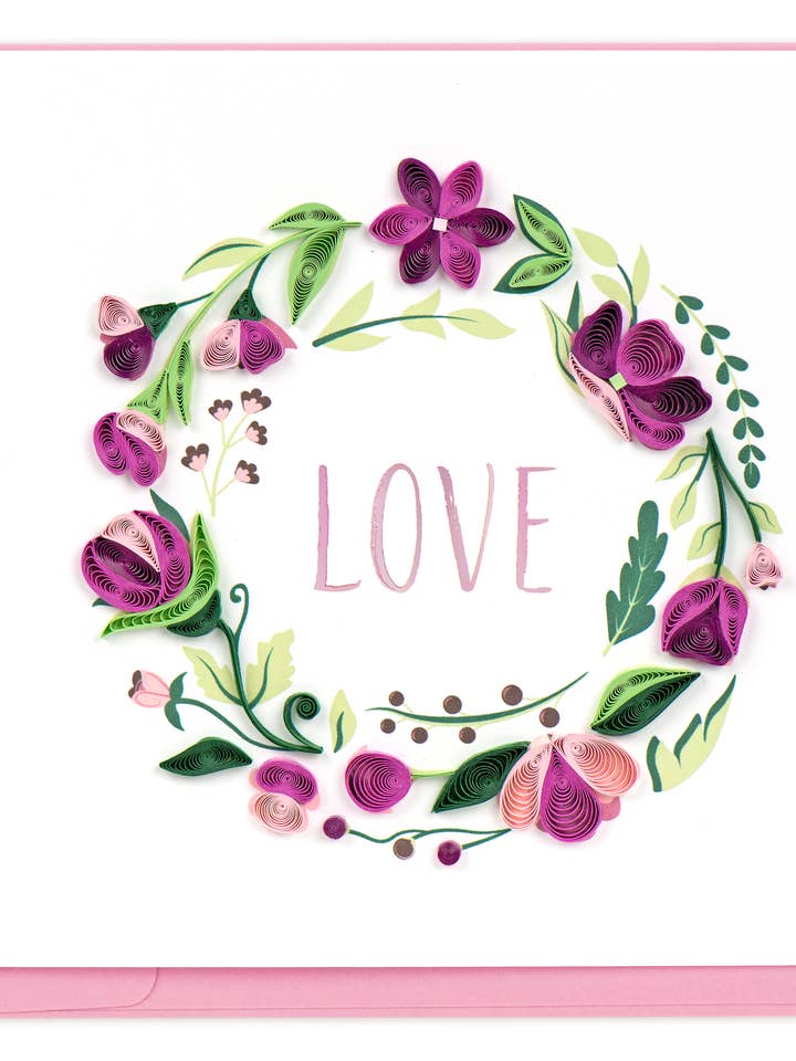 Biglietto d'auguri con ghirlanda floreale trapuntata LOVE per la vendita all'ingrosso da parte di Quilling Card