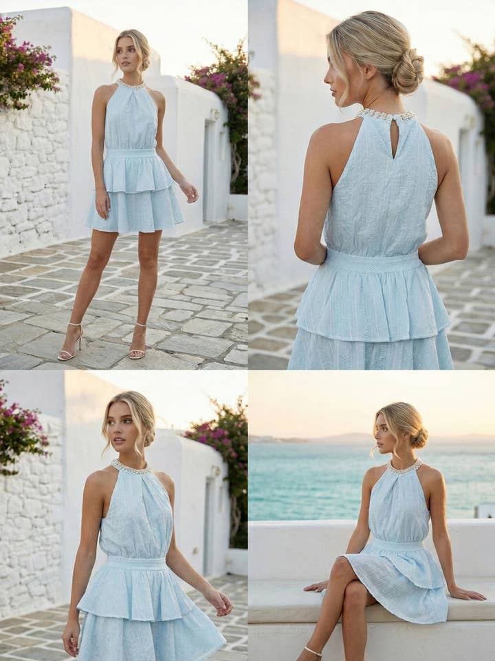 Nacre-sæt – haltertop og nederdel med flæser, pastelblå for engroshandel hos LILY MCBEE