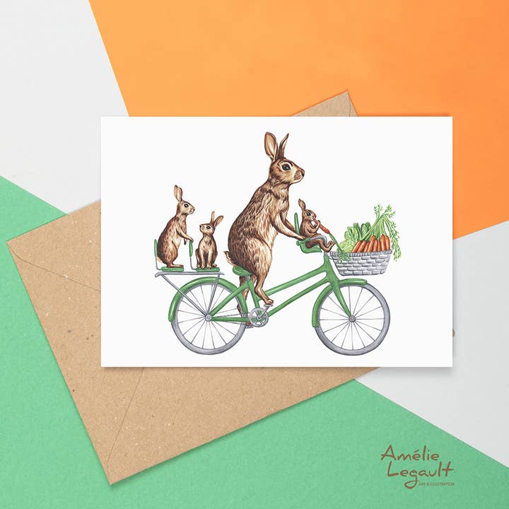 Carte de vœux d'une famille de lapins faisant du vélo pour la vente par Sardines Studio