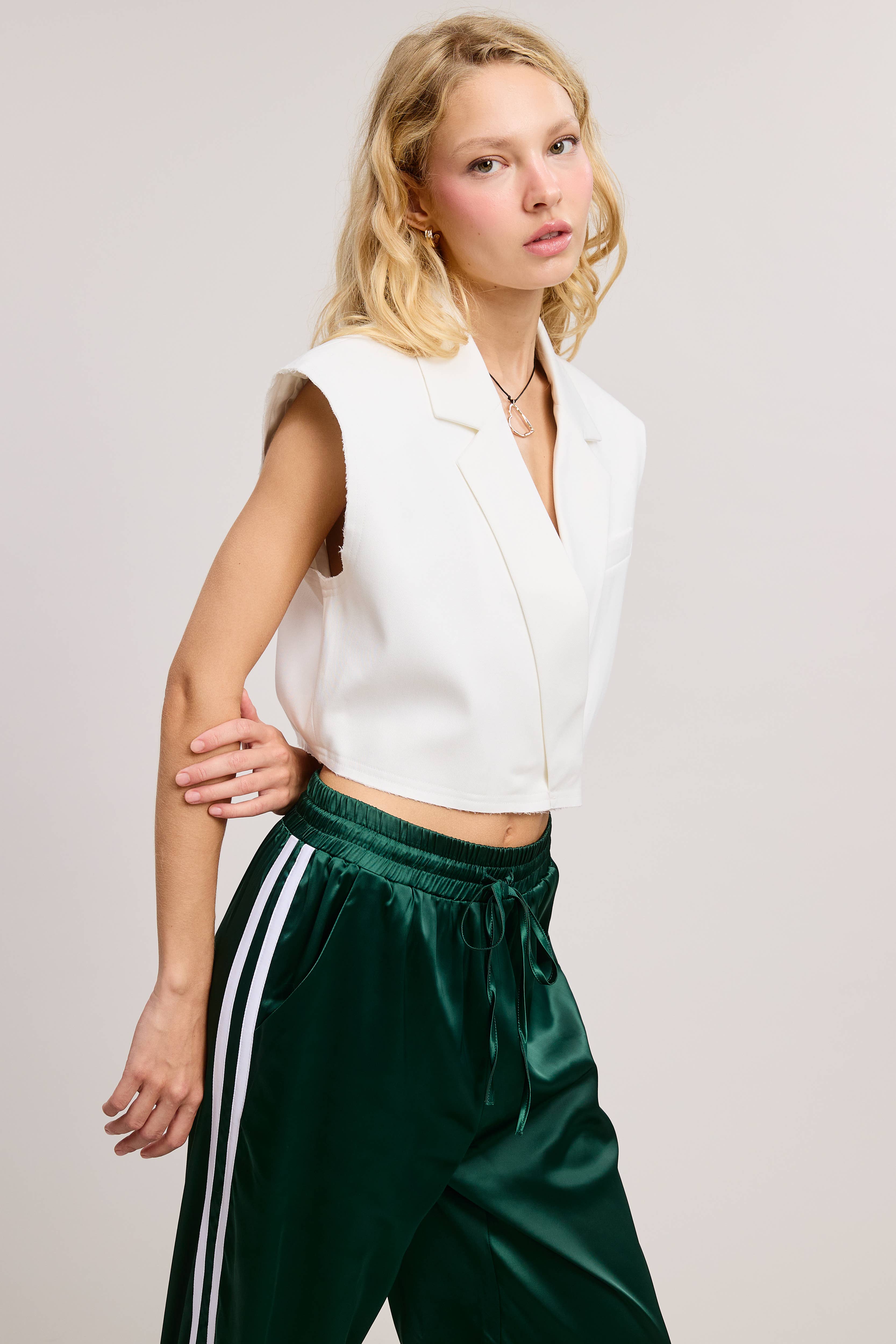 Mimosa - Wholesale Outerwear Vest - Women's - Cropped Collared Vest with Raw Hem10