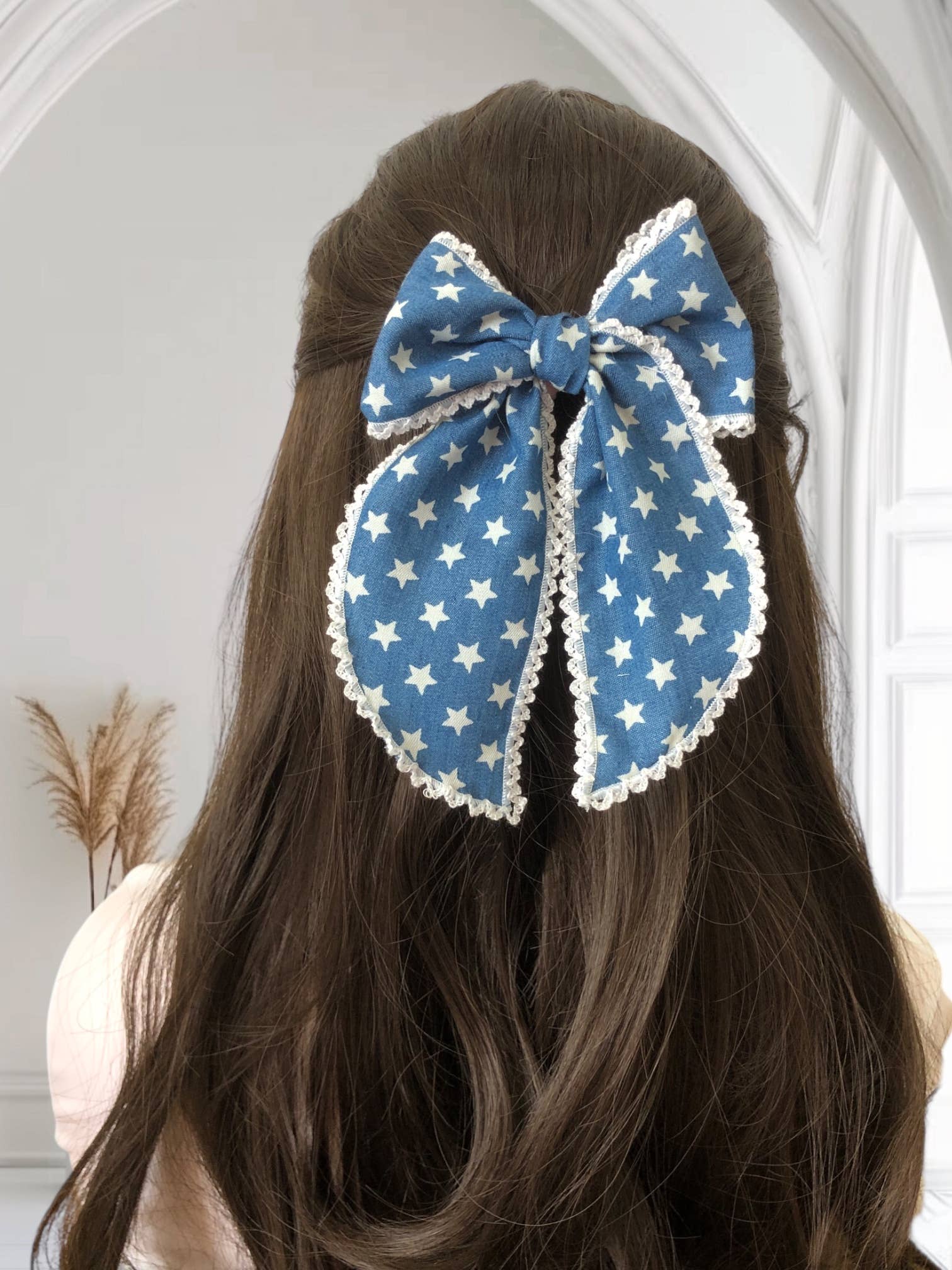 Belle Linen - Wholesale Hair Bow - Kids - Vintage Demin Linen Lace Hair Bow, Christmas Hair Clip