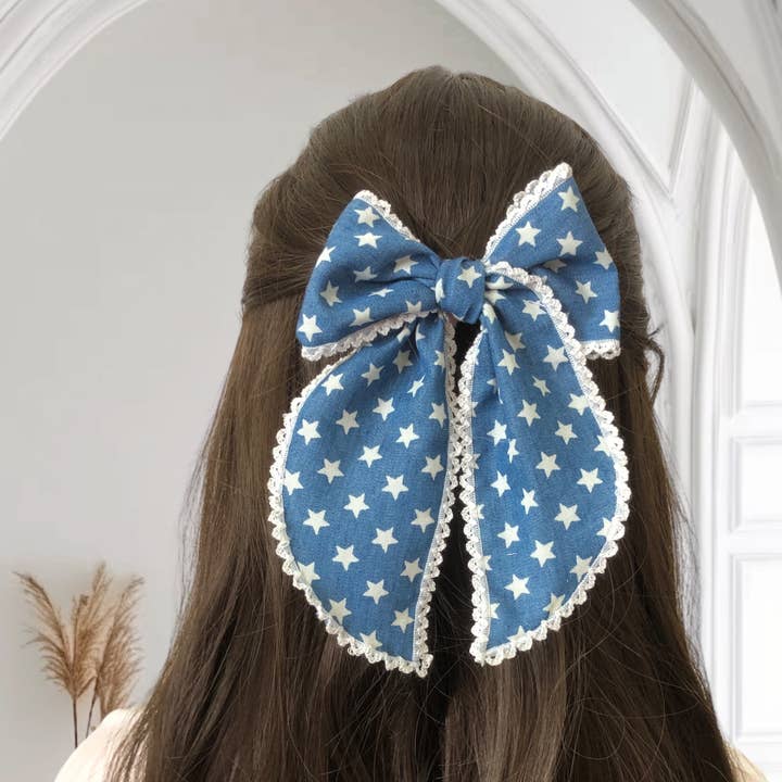 Belle Linen - Wholesale Hair Bow - Kids - Vintage Demin Linen Lace Hair Bow, Christmas Hair Clip0